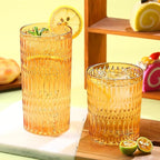 Loivttvv Glassware Drinking Glasses Set of 8, 14 oz Highball Glasses & 10 oz Ribbed Glass Cups, Vintage Glassware for Water, Juice, Cocktail (Thanksgiving Amber)