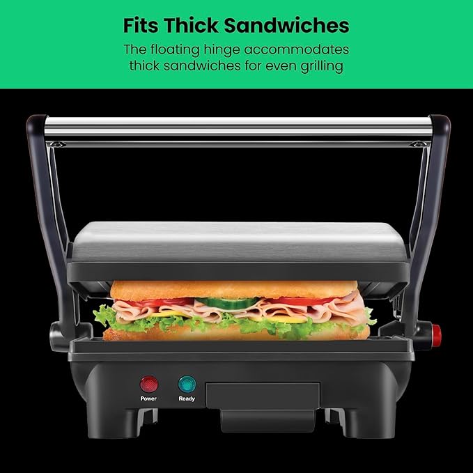 Chefman Electric Panini Press Grill, Compact 2-Slice Sandwich Maker, Non-Stick Coated Plates, Opens 180 Degrees, Dishwasher Safe, Removable Drip Tray, Stainless Steel/Black