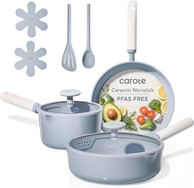 CAROTE Ceramic Cookware Set Nonstick, 9pcs Pots and Pans Set Non stick, Non-Toxic & PFAS-Free,Dishwasher, RV/Camping Cookware Set,Sauce Pan with Lid, Blue