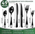 JUNLIN 49 Pieces Black Silverware Set with Steak Knives, Stainless Steel Silverware with Organizer Flatware Utensils Set for 8, Forks and Spoons Silverware Set Cutlery Set