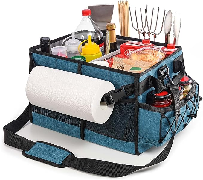 Lorbro Grill Caddy, BBQ Caddy with Paper Towel Holder, Portable Picnic Basket for Utensil and Condiment, Barbecue Grilling Tool Accessories Storage Organizer for Outdoor Griddle, Tailgate, Camping, RV
