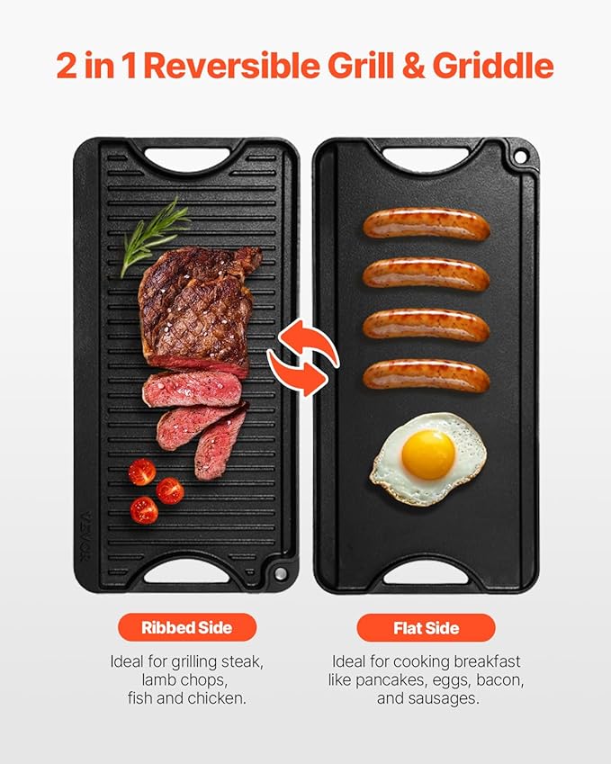 VEVOR Reversible Grill/Griddle, 20x10 inch Pre-Seasoned Cast Iron Griddle, Portable Rectangular Pan with Handle, Family Cookware for Indoor/Outdoor Stove Top Burner, Gas, Camping BBQ, Black