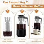 Cold Brew Coffee Maker, 64oz Mason Jar Pitcher with Stainless Steel Filter, Leak-Proof Lid with Pour Spout & Handle, Heavy Duty Glass Iced Coffee Tea Brewer with Protective Silicone Sleeve-Black