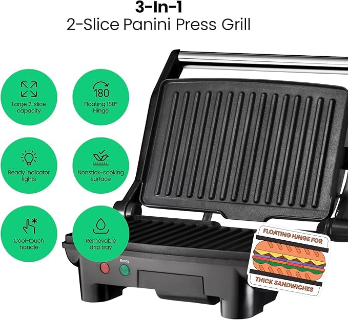 Chefman Electric Panini Press Grill, Compact 2-Slice Sandwich Maker, Non-Stick Coated Plates, Opens 180 Degrees, Dishwasher Safe, Removable Drip Tray, Stainless Steel/Black