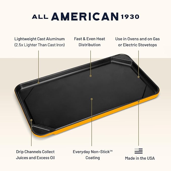 All American 1930 - Ultimate Flat Griddle with Ceramic Non-Stick Coating - Mustard Yellow - Durable & PFAS Free - For Easy, Prep, Cooking, & Cleaning - Made in the USA