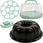 10 inch Buntz Cake Pan Non stick with 12in Cake Carrier for Easy Transportation - Premium Fluted Cake Pans For Oven, Cake Mold, Moldes para Gelatinas