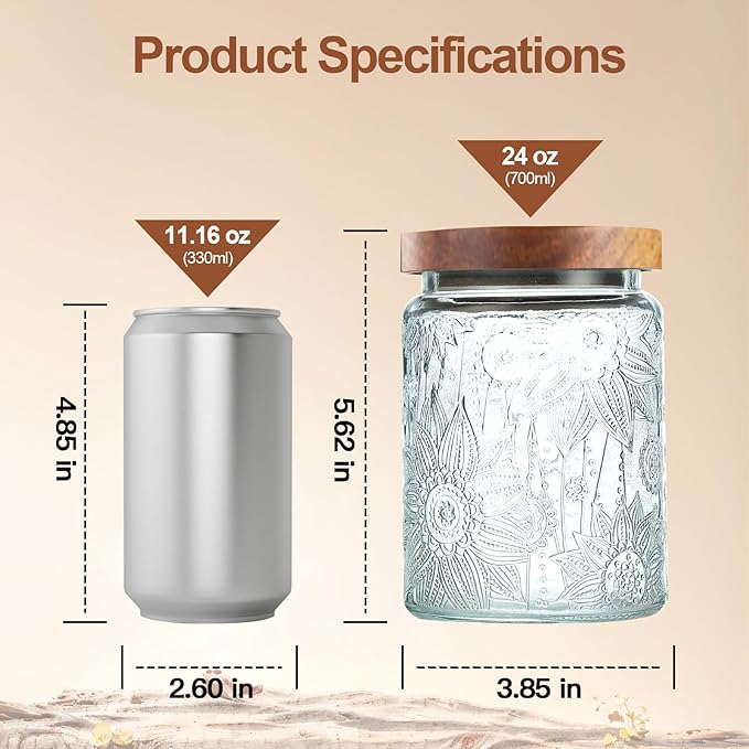 2-Pack 24 OZ Vintage Glass Jar with Lid, Airtight Food Storage Canisters with Bamboo for Kitchen Counter Pantry, Ideal for Coffee, Candy, Tea, Oats, Sugar, Cookies Decorative Jars