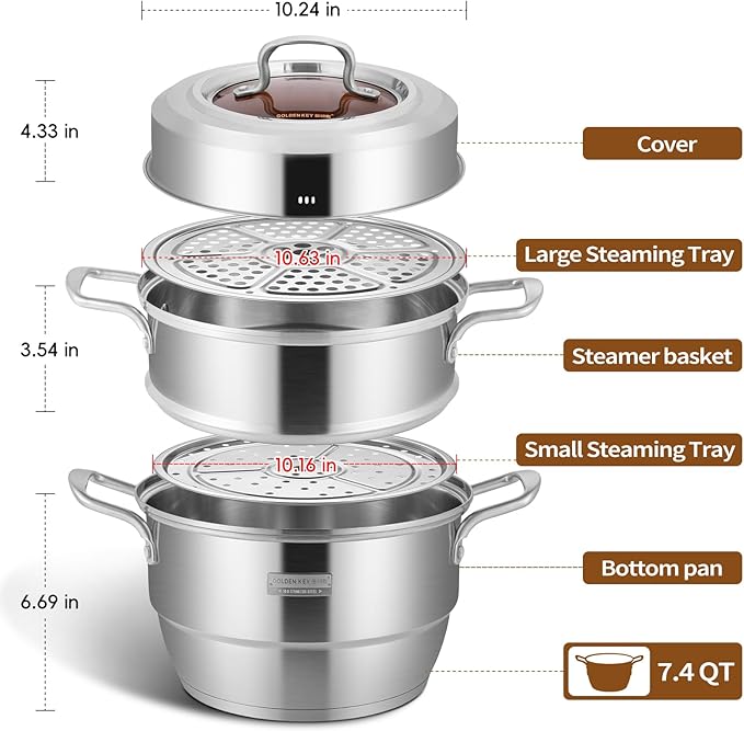 GOLDEN KEY 7.4 QT Steamer for Cooking, 2-Tier Multipurpose 18/8 Stainless Steel Steamer Pot with Lid for Vegetable, Seafood, Rice, Dumplings, Works with Gas Electric Induction Stove