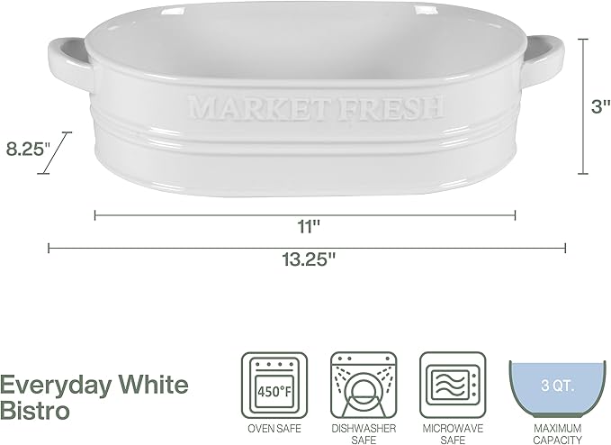 Everyday White by Fitz and Floyd Market Fresh Casserole Baking Dish, 3 Quart