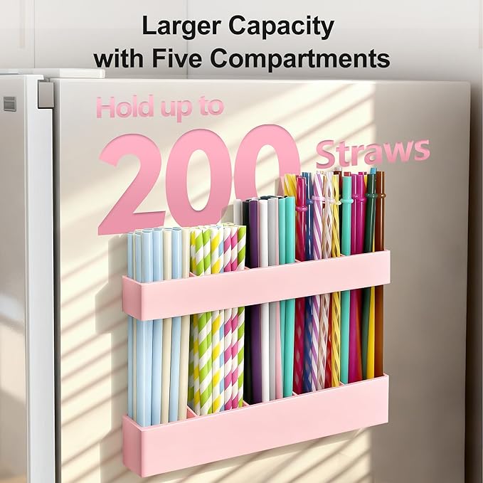 9.5” Large Acrylic Straw Holder for Cabinet Door, Reusable Adjustable Two-Part Straws Organizer with Ultra Sticky Adhesive Strips, 2026 Straw Storage for Kitchen Cupboard (Rose Stone)