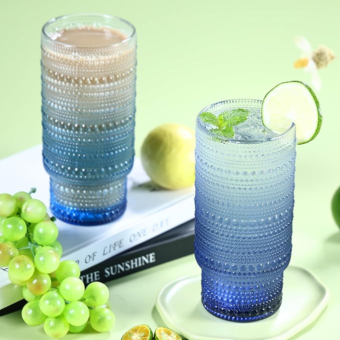 Large Capacity 16 oz Hobnail Drinking Glasses Set of 12, Vintage Glassware Drinking Glasses, Gray-blue Water Glasses Tumbler, Cups for Kitchen, Juice, Beer, Cocktail, Whiskey
