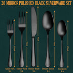 20 Pcs Black Silverware Set, Stainless Steel Flatware Set for 4, Food-Grade Cutlery Set, Mirror Polished Tableware Eating Utensils Set for Home Kitchen, Include Knife Fork Spoon Set, Dishwasher Safe
