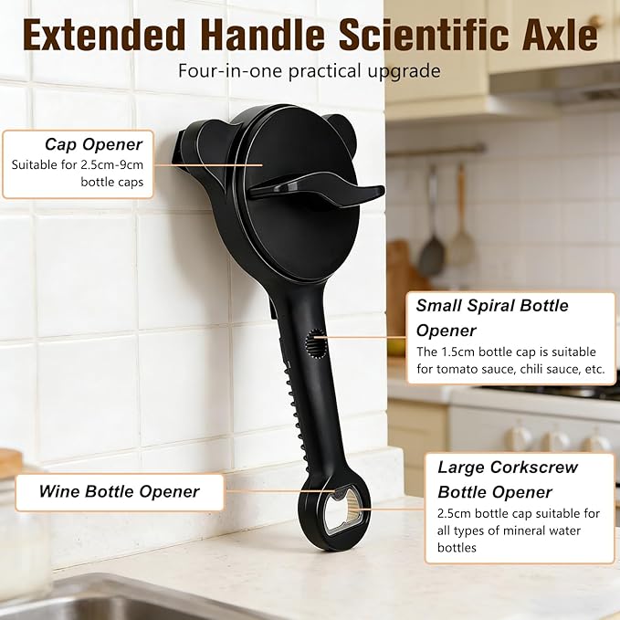 4 in 1 Multi-Purpose Jar Opener,Magnetic Stainless Steel Can Opener with Ergonomic Handle,Multi Size Lid Tool for Jars Cans Wine Bottles, Home Kitchen Helper(Black)