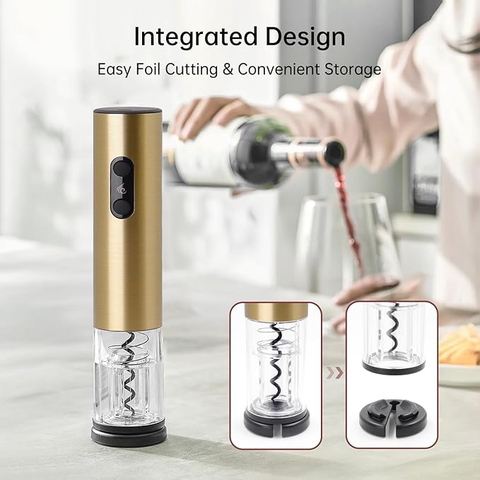 Rechargeable Wine Opener by ELMWAY, Electric Wine Bottle Opener with Foil Cutter, LED Light and Stainless Steel Shell, Cordless Corkscrew & Cork Remover, Gifts for Wine lover- Gold