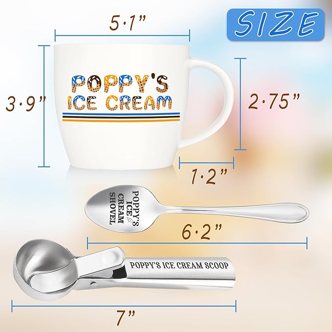 Christmas Poppy Gifts, Poppy's Gift Ice Cream Bowl Scoop Shovel Spoon Set, Grandpa Ice Cream Gift from Grandkids, Ideal Xmas Birthday Father's Day Man Gifts