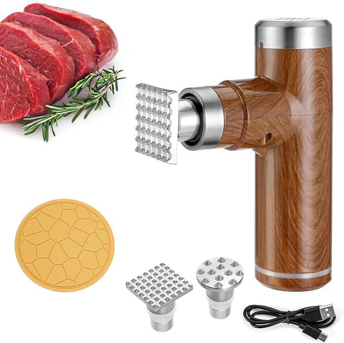 Electric Meat Tenderizer Tool, Cordless Kitchen Tenderizer, Stainless Steel Mallet, Brown (N-08)