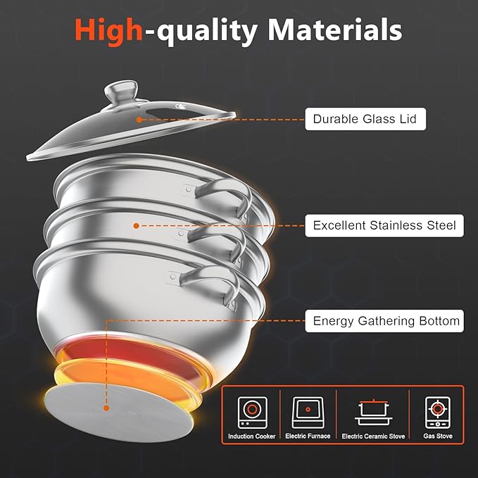 Steamer for Cooking, 3-Tier Stainless Steel Steamer Pot, 12.8 Inch Multipurpose Stackable Cooking Steam Pot Kitchen Cookware with Glass Lid for Induction, Gas, Electric Stoves
