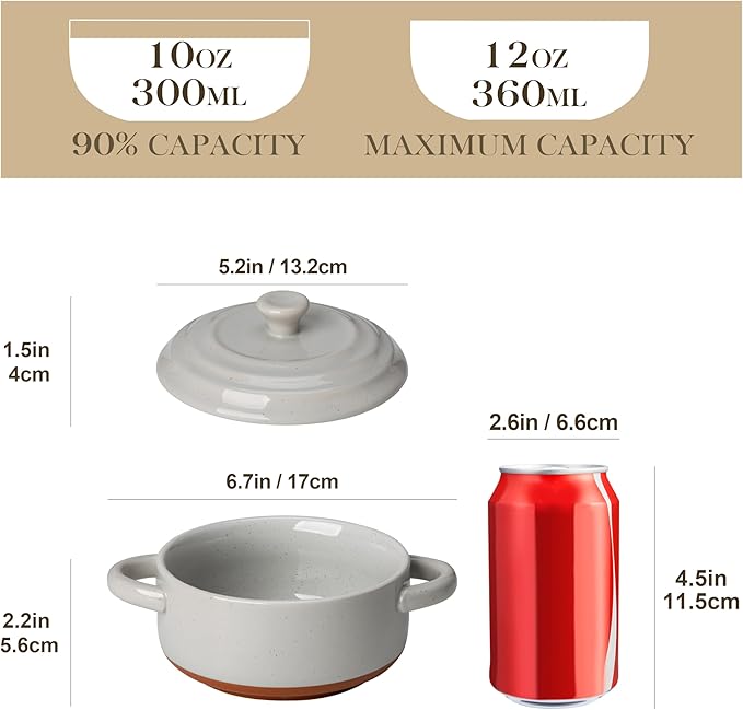 MALACASA Mini Cocotte Set - 12 OZ Ramekins with Lids and Handles, Small Casserole Dishes for Oven, Ceramic Small Baking Dish Set of 4, Microwave & Dishwasher Safe, Khaki Grey, Series TARA