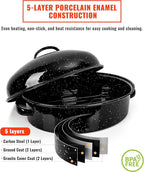 Roasting Pan with Lid & Rack 18 Inch Extra Large Deep Oven Baking Pot, Enamel Granite Non-Stick Oval Carbon Steel Pot for Turkey Chicken Ham Steak Non-Toxic for Mother Day Gift Roaster Pan