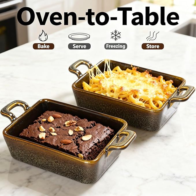 7 x 4 Au Gratin Baking Dishes for Oven Safe and Microwave Cooking and Baking, 2 piece, Heat Resistant Ceramic with Handles for Serving, Small Casserole Dish Set for 1 or 2 person servings, Brown