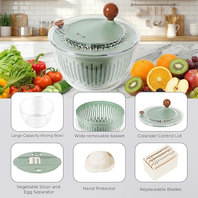 Salad Spinner Large with 5-Blade Slicer & Egg Yolk Strainer, Multifunctional Vegetable Fruit Washing Bowl 4.3 Qt for Efficient Kitchen Washing Drying & Shredding