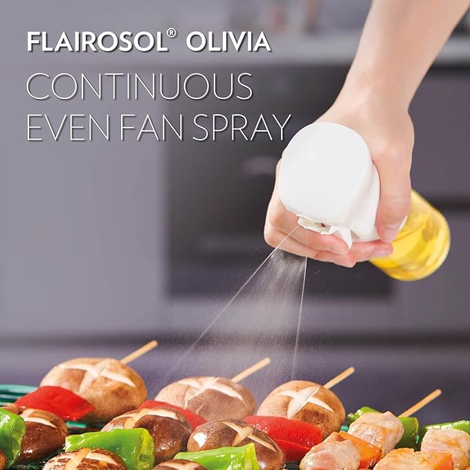 FLAIROSOL OLIVIA SIGNATURE Advanced Kitchen Oil Sprayer Technology, Fine Mist & Portion Control, Refillable Glass Olive Oil Cooking Spray Bottle for Air Fryer, Salad, BBQ, 130ml (Gold Print)