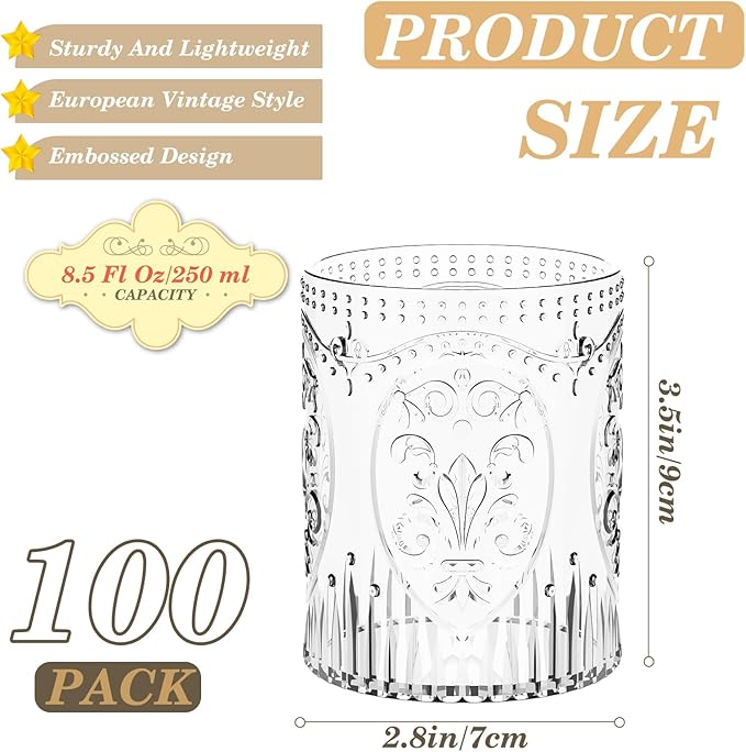 Qinyoung 100 Plastic Vintage Drinking Glasses 8.5oz Stemless Retro Embossed Wine Glasses Shatterproof Reusable Cups for Baby Shower Wedding Reception Grand Event Party (Clear)