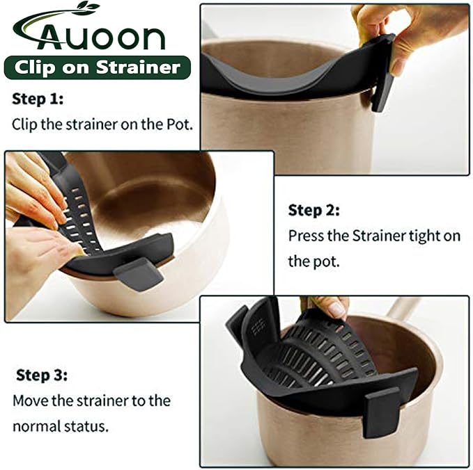 AUOON Clip On Strainer Silicone for All Pots and Pans, Pasta Strainer Clip on Food Strainer for Meat Vegetables Fruit Silicone Kitchen Colander (Fog Blue)
