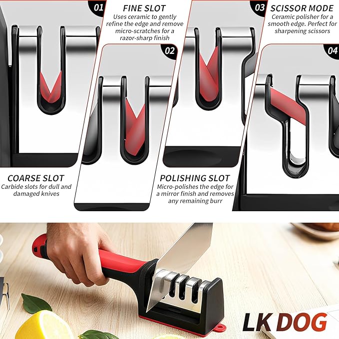 4-in-1 Kitchen Knife Sharpener, Professional Grade with Tungsten Steel and Ceramic Slots, Scissor Sharpening, Black/Red