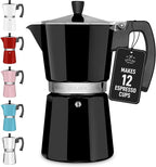 Zulay Moka Pot Espresso Stovetop Coffee Maker - Leak-Proof, Stainless Steel, Easy to Clean, Heat Resistant Handle & Knob - for Authentic Cuban & Italian Style Espresso - Makes 12 Espresso Cups - Black