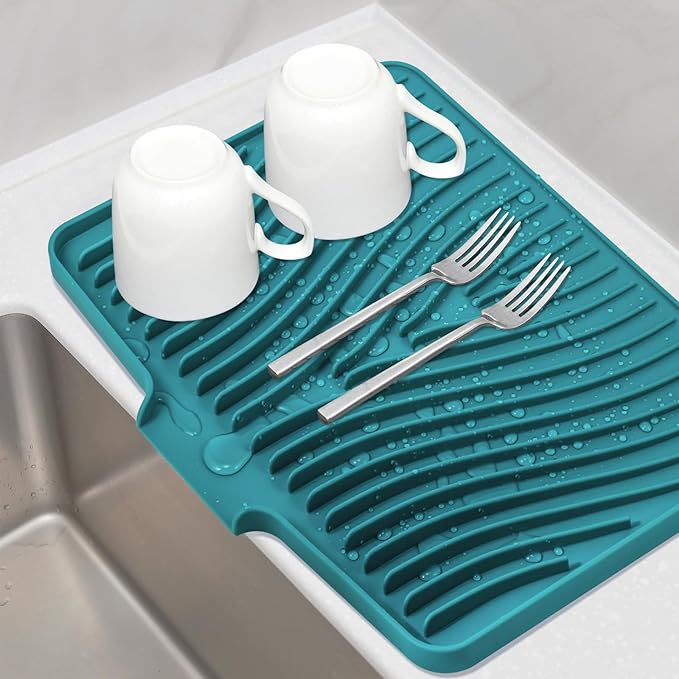 TIKNIK Silicone Dish Drying Mat, Stone Drying Mat for Kitchen Counter with Built-In Drain, Non-Slip Drain Pad with Built-in Drain, Heat Resistant Stone Drying Mat, Hangable, Green-1pcs, 16" x 12"