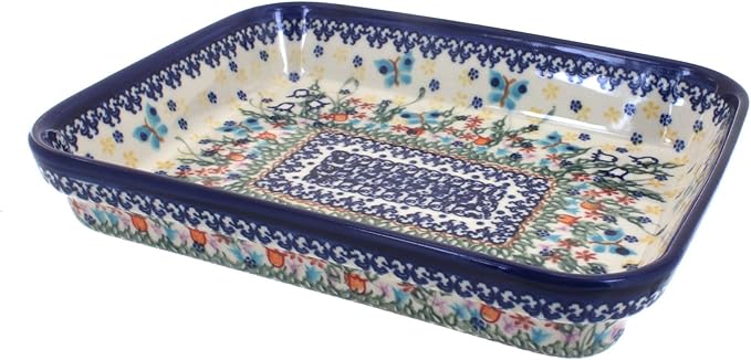 Blue Rose Polish Pottery - Blue Garden of Eden Small Rectangular Baker - 10.25" x 8" - Unique, Dishwasher Safe, & Durable Bakeware