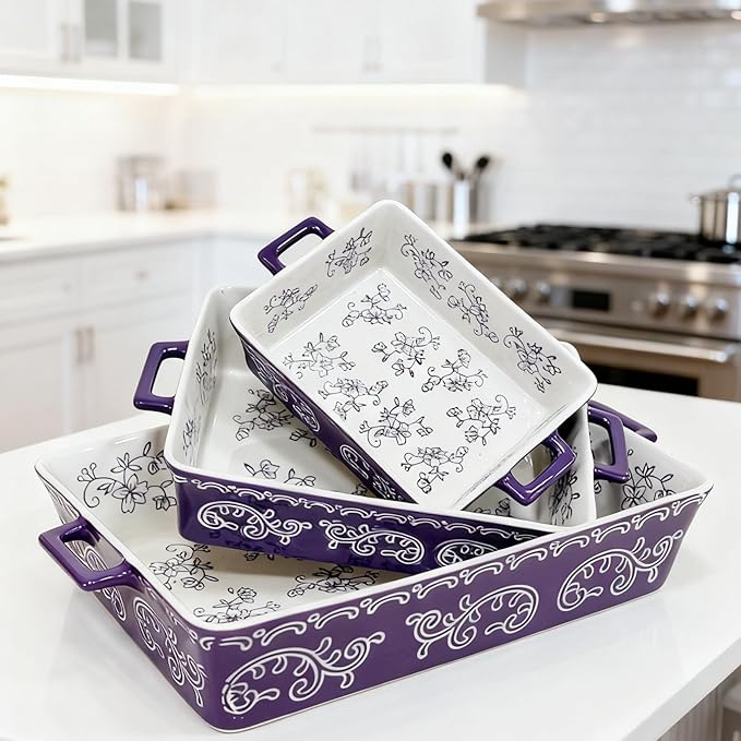 Domini Casserole Dishes for Oven, Ceramic Baking Dishes for Oven Set of 3, Lasagna Pan Deep, Baking Pan Set Square Casserole Dish Set with Handles for Baking, Pattern Purple(14.6+11.4+8.5inch)Christmas