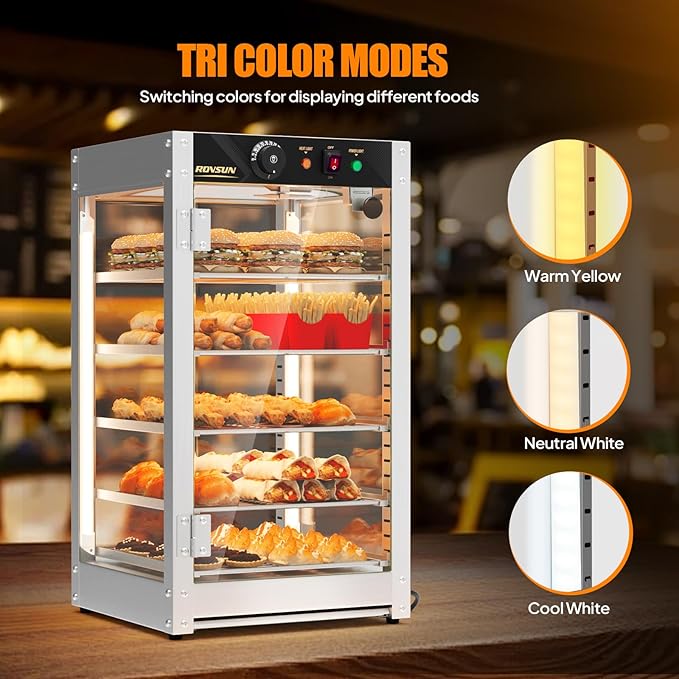 ROVSUN 5-Tier Commercial Food Warmer, 15" Pizza Warmer Food Warmer Display with LED Adjustable Lighting Glass Door Removable Shelves, Countertop Electric Food Warmer for Buffet Restaurant 110V 800W