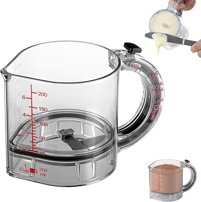 4-in-1 Adjustable Measuring Cup, Multi-Functional Kitchen Tool with Push-Button, with Adjustable Base & Scraper-Style Seal Base, Space-Saving Nesting Design for Cooking, Baking, Liquid & Dry Measure