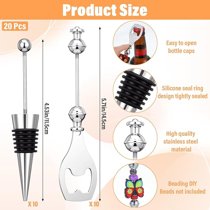 20 Pcs Beadable Wine Stoppers and Beadable Bottle Opener Set - 10 Reusable Decorative Wine Bottle Stoppers & 10 Alloy Openers for DIY Crafts, Wedding, Bar Party Favors, Holiday Gifts
