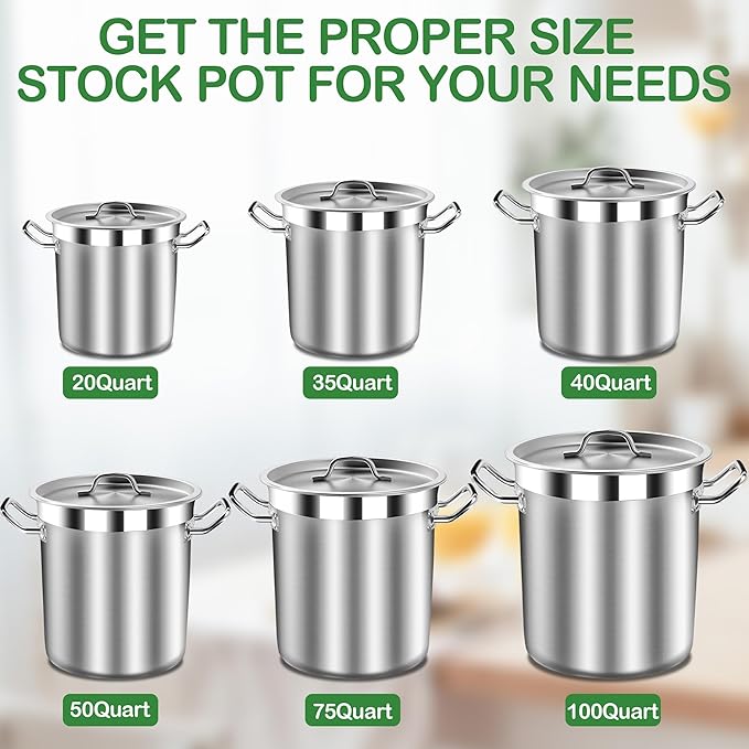 STOCKPOT Commercial Grade Large Stock Pot - Soup Pot with Lid - Non-Nickel Stainless Steel - Healthy Cookware Polished Stockpots - Heavy Duty - 50 Quart (12.5Gallon)