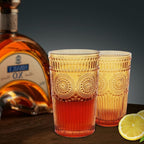 Loivttvv 6pcs Vintage Drinking Glasses Set, 12 oz Amber Highball Glasses, Embossed Ribbed Glassware Cups for Thanksgiving Cocktail, Juice, Whiskey