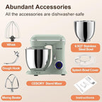 CEBORY 3-IN-1 Electric Stand Mixer, 6.5QT Bowl 660W 10-Speed Kitchen Mixer, Household Food Mixers include Dough Hook, Beater and Whisk, Bread Cake Mixer for Baking and Most Home Cooks, Green