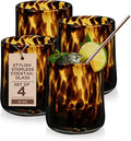 IMPULSE! Tortoise Leopard Print Brown 10 oz. Rocks Glasses, Set of 4 - Stylish Stemless Cocktail Cups Glass - Ideal Glassware Tumbler for Gin, Tequila, Vodka, Soft Drinks - 3.15 × 3.15 × 4.3 in
