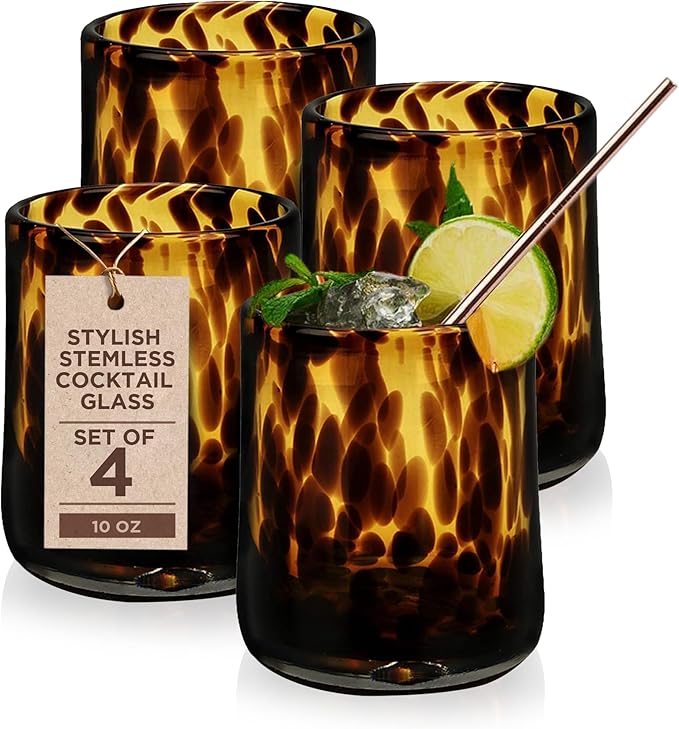 IMPULSE! Tortoise Leopard Print Brown 10 oz. Rocks Glasses, Set of 4 - Stylish Stemless Cocktail Cups Glass - Ideal Glassware Tumbler for Gin, Tequila, Vodka, Soft Drinks - 3.15 × 3.15 × 4.3 in
