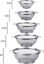 5 Pack 18/8 Stainless Steel Colander Sieves, Multi Size Mesh Strainer Net Baskets with Handles & Resting Base for Strain, Drain, Rinse or Steam