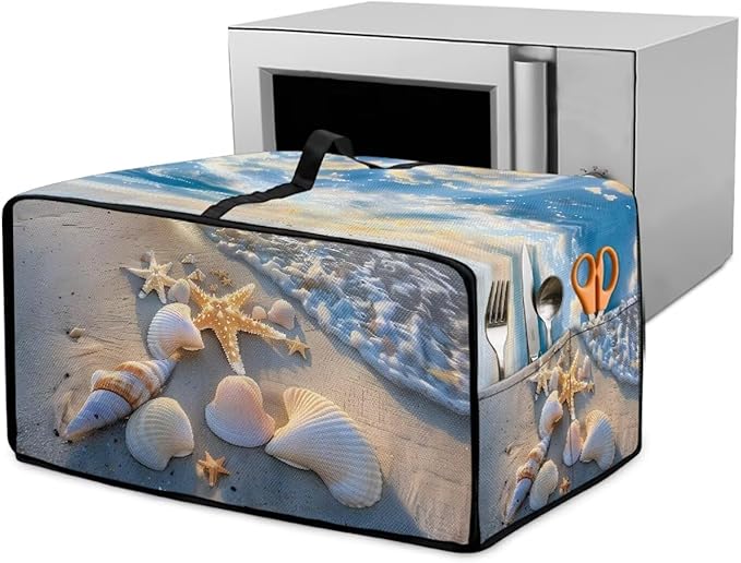 Beach Starfish Shell Print Toaster Oven Scratch-resistant Cover, Heat-resistant Small Appliance Cover for Kitchen Counter with Storage Pockets (Small-14.5 * 18.46 * 9 inches)