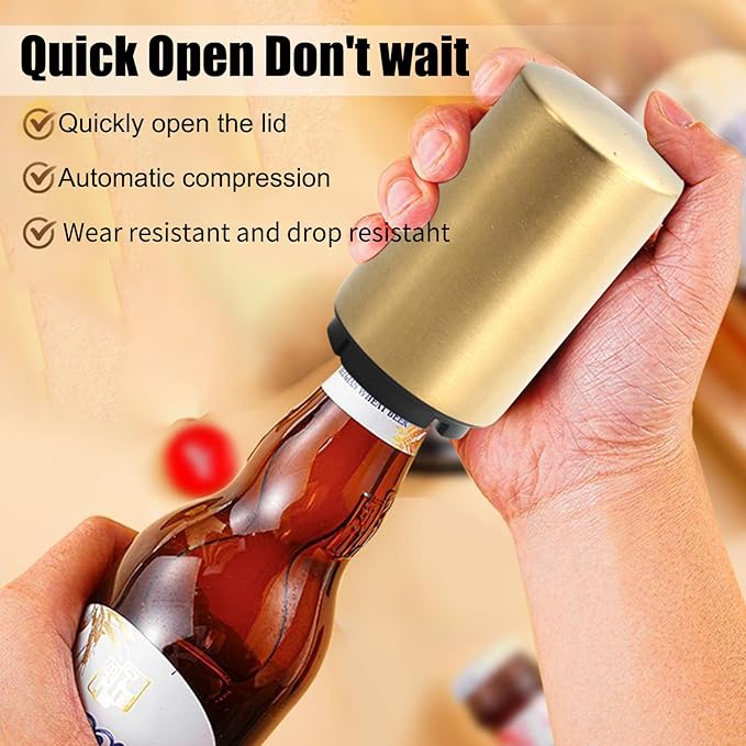 Automatic Bottle Opener Bottle Cap Opener Beer Bottle Opener Destapadores de Cerveza, Down-Pop Off Beer Bottle Openers with Magnetic Cap Catcher, Home Bars Kitchen Cool Bartender Tools（Gold）