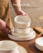 Famiware Star 12-Piece Stoneware Dinnerware Sets with Trim, Service for 4, Ceramic Plates and Bowls Set, Modern Rustic Dishes, Everyday/Formal, Chip/Scratch Resistant, Microwave/Dishwasher Safe, White
