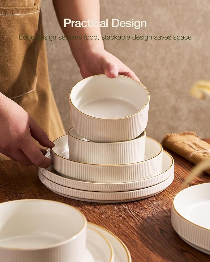 Famiware Star 24-Piece Stoneware Dinnerware Sets with Trim, Service for 6 - Ceramic Mugs, Plates, Bowls, Dishes for Everyday/Party/Formal Use, Chip/Scratch Resistant, Microwave/Dishwasher Safe, White