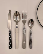 The Original Brink House Eclectic Black & White Mix & Match Stainless Steel Cutlery Set / 16 pieces with Metal Stand/Lifestyle utensils set for home, first apartment, dorm, dinner parties