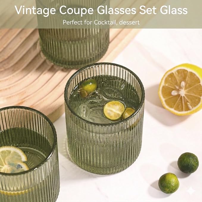 Physkoa Mint Green Ribbed Drinking Glasses Set of 6 – 9oz Vintage Green Glassware, Embossed Ribbed Tumbler Cups for Juice, Water, Cocktail, Iced Coffee