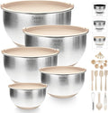 Deedro Premium Mixing Bowls with Airtight Lids Set, 22Pcs Thicker Stainless Steel Mixing Bowl Set, Large Prep Metal Bowls, Non-Slip Silicone Base Nesting Bowls for Kitchen, 1.5/2/3/4/5 QT, Khaki