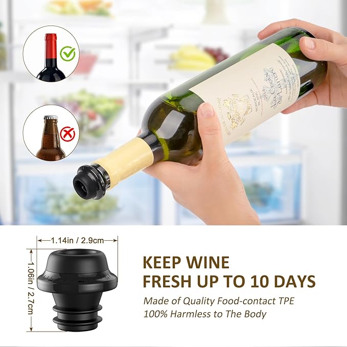 Electric Wine saver pump with 6 wine stoppers vacuum, wine preserver keep Your Wine Fresh for up to 10 Days, USB-C Rechargeable, 1 Pump 6 Stoppers Best Gifts for Wine Lovers, Black